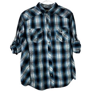 Helix Plaid Button Up Shirt Large Athletic Fit Roll Tab Long Sleeves Blue